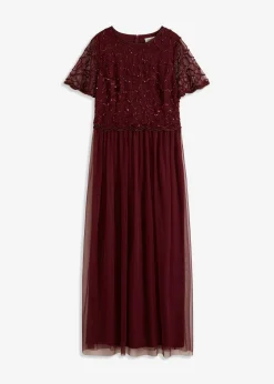 bonprix bonprix Vestidos|Novedades>Vestido maxi de tul fino con bordado de lentejuelas Rojo oscuro