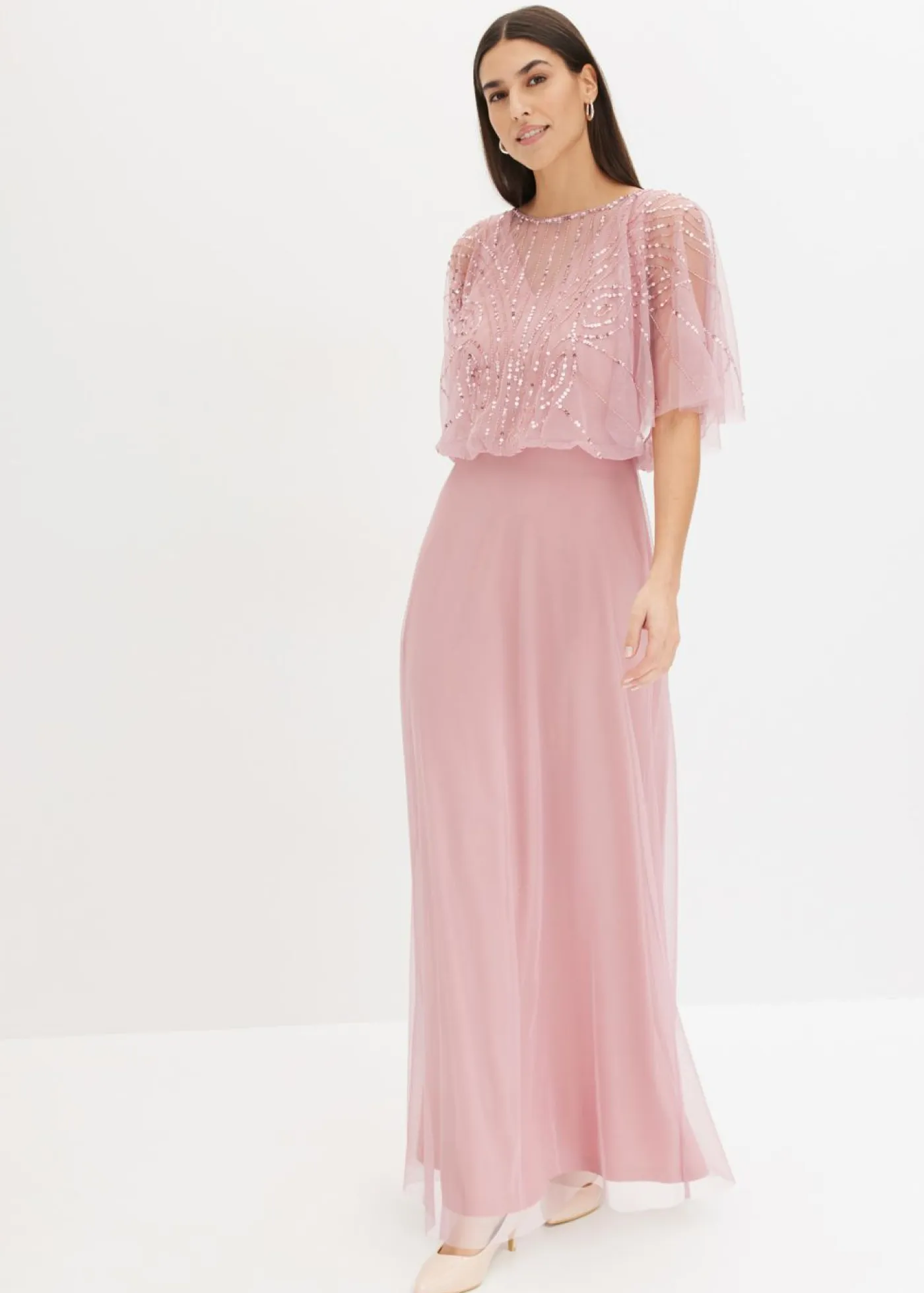 bonprix bonprix Vestidos|Tallas Pequeñas>Vestido maxi de tul fino con bordado de lentejuelas Rosa