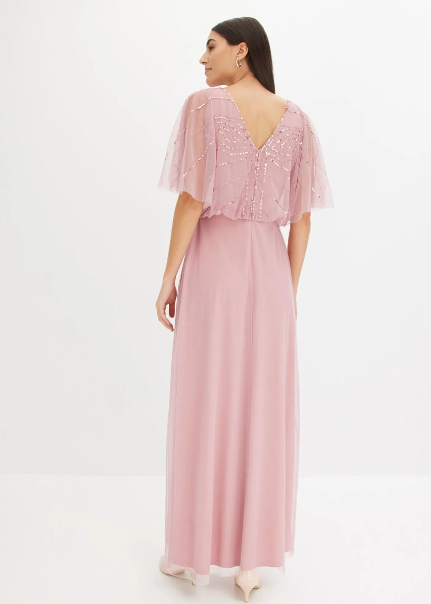bonprix bonprix Vestidos|Tallas Pequeñas>Vestido maxi de tul fino con bordado de lentejuelas Rosa