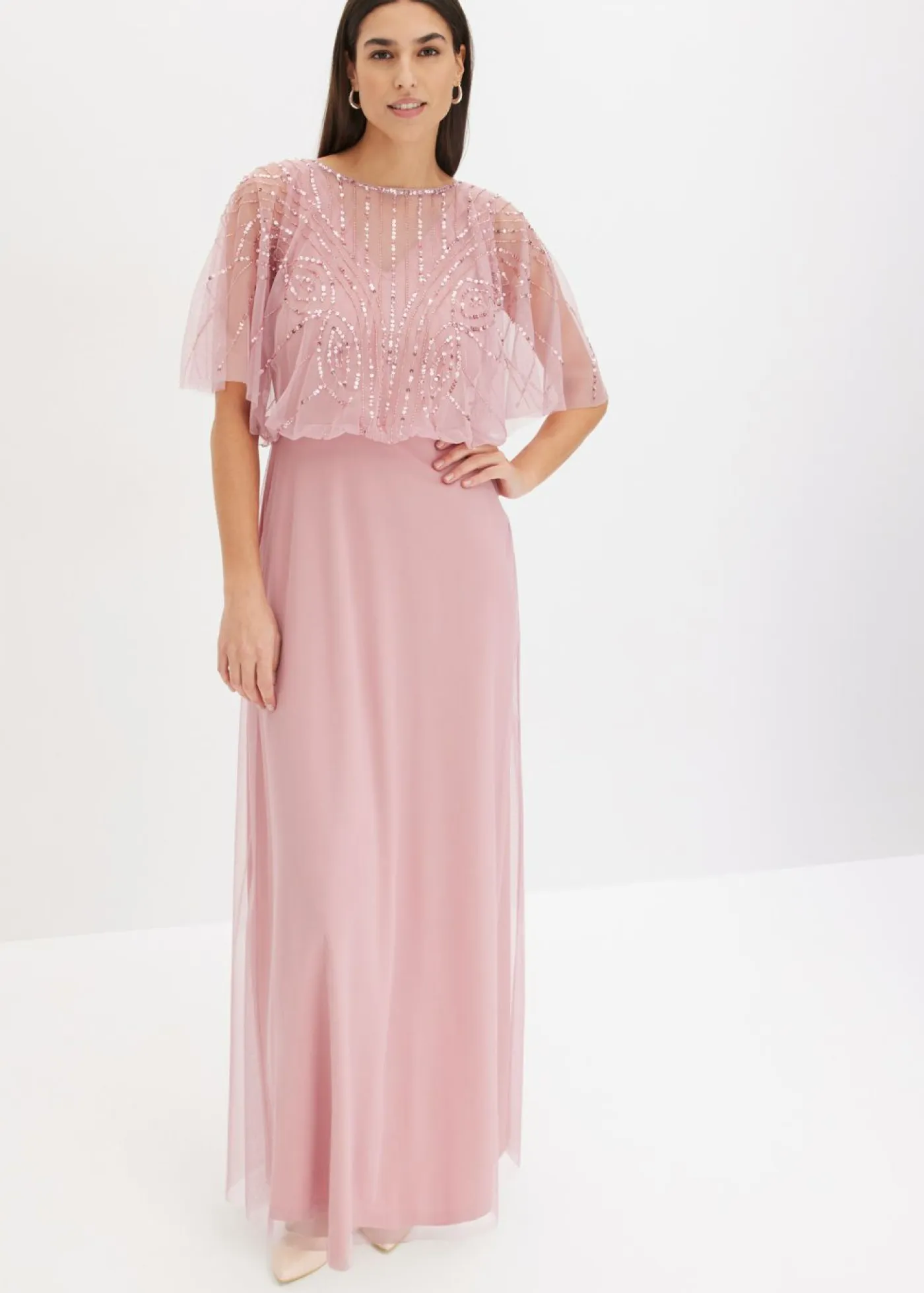 bonprix bonprix Vestidos|Tallas Pequeñas>Vestido maxi de tul fino con bordado de lentejuelas Rosa