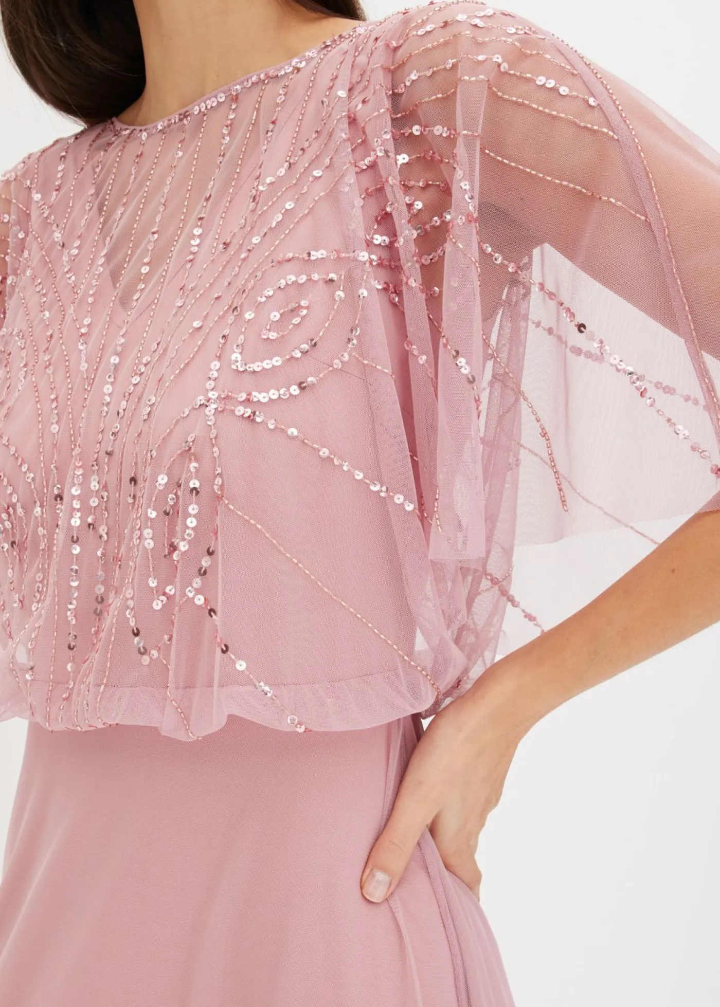 bonprix bonprix Vestidos|Tallas Pequeñas>Vestido maxi de tul fino con bordado de lentejuelas Rosa