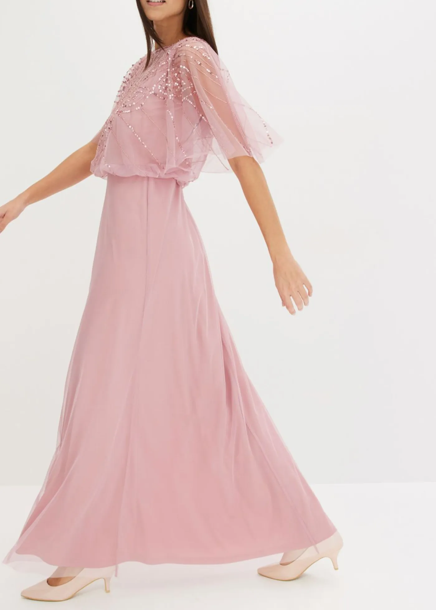 bonprix bonprix Vestidos|Tallas Pequeñas>Vestido maxi de tul fino con bordado de lentejuelas Rosa