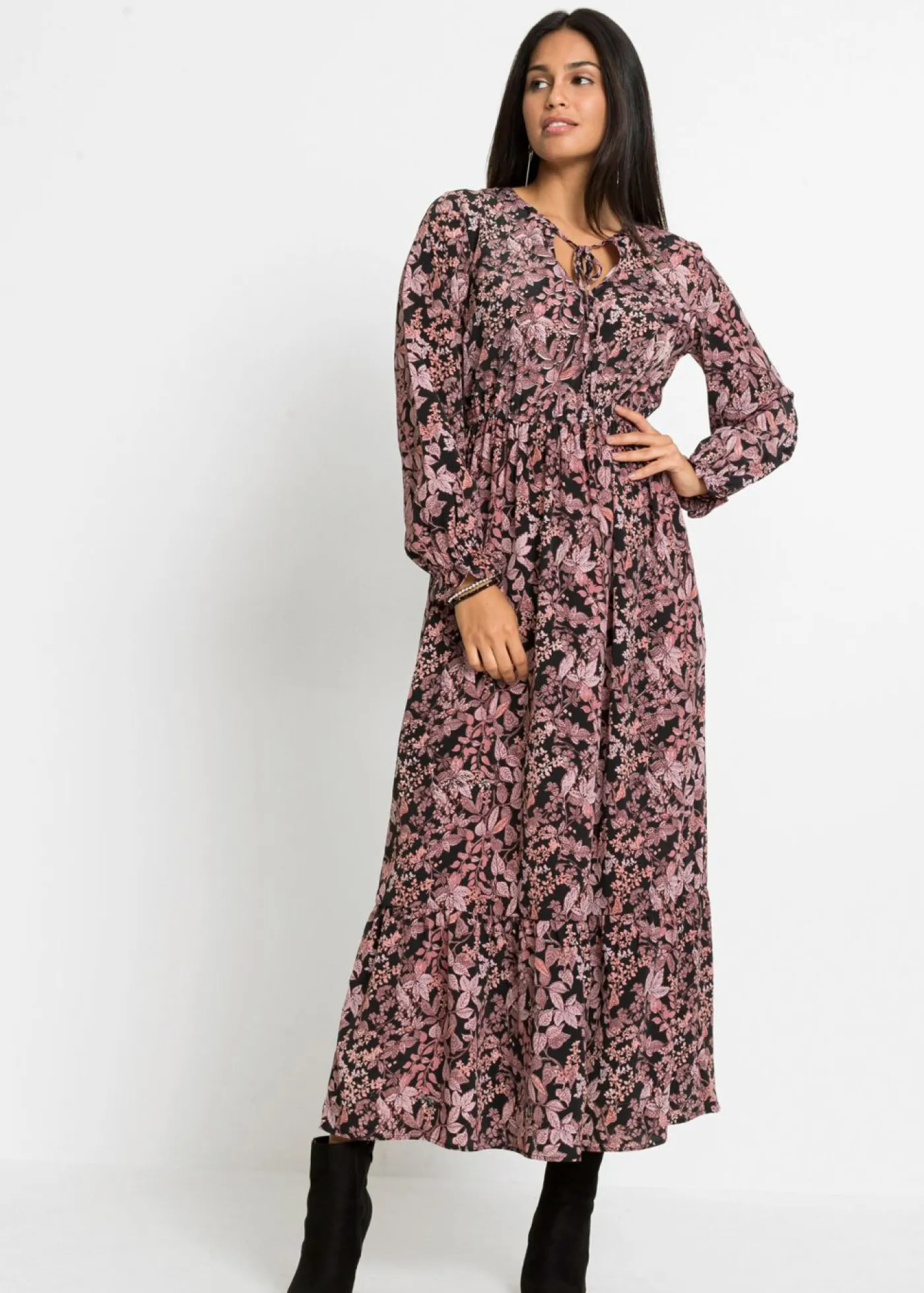 bonprix bonprix Vestidos>Vestido maxi de viscosa pura Negro-rosa de flores