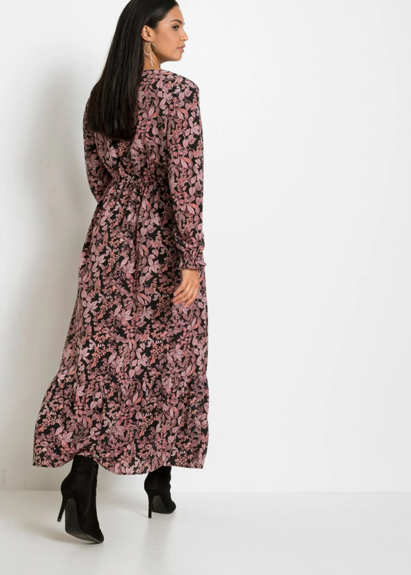 bonprix bonprix Vestidos>Vestido maxi de viscosa pura Negro-rosa de flores