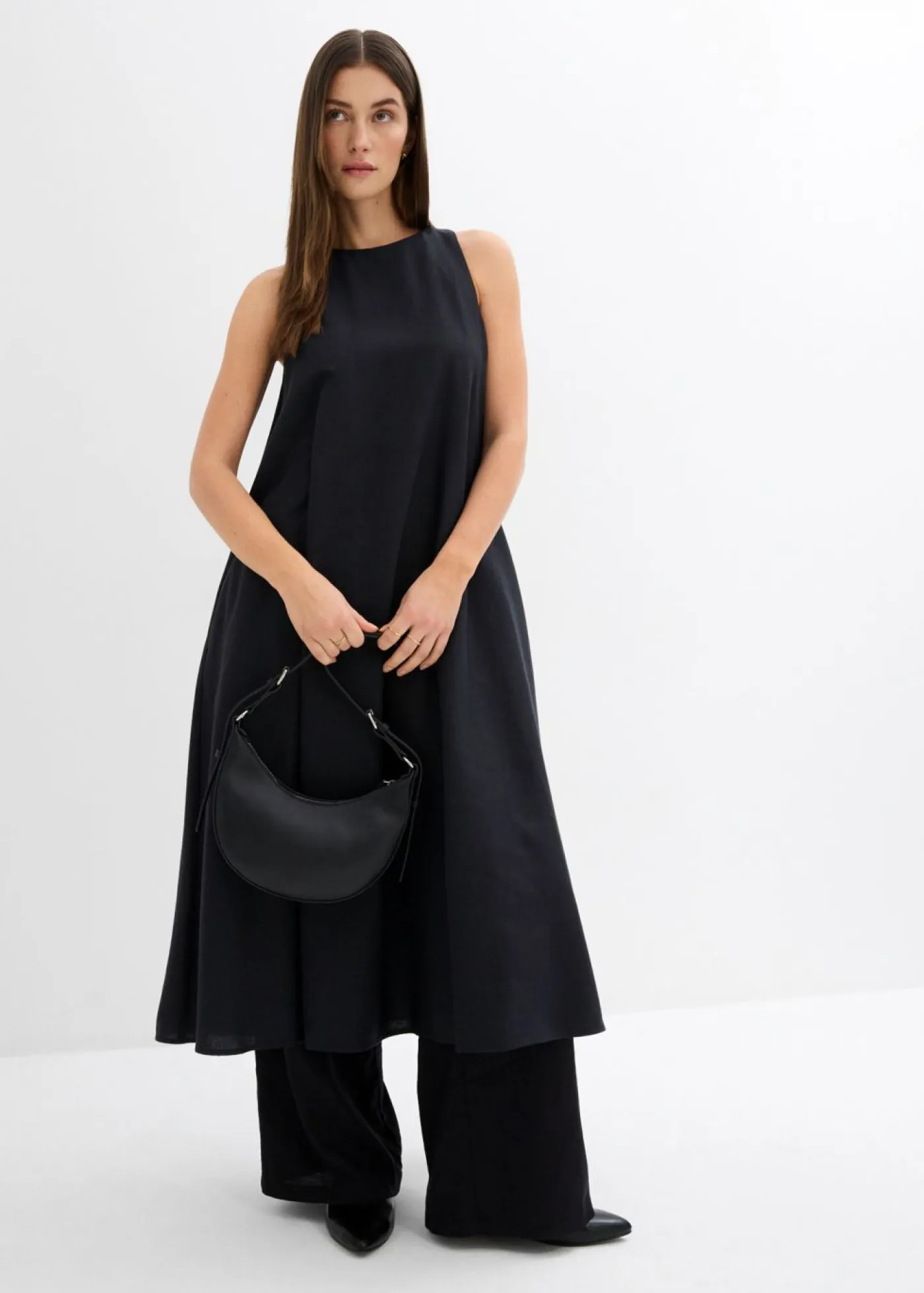 bonprix bonprix Esenciales|Vestidos>Vestido midi acampanado de mezcla de viscosa Negro