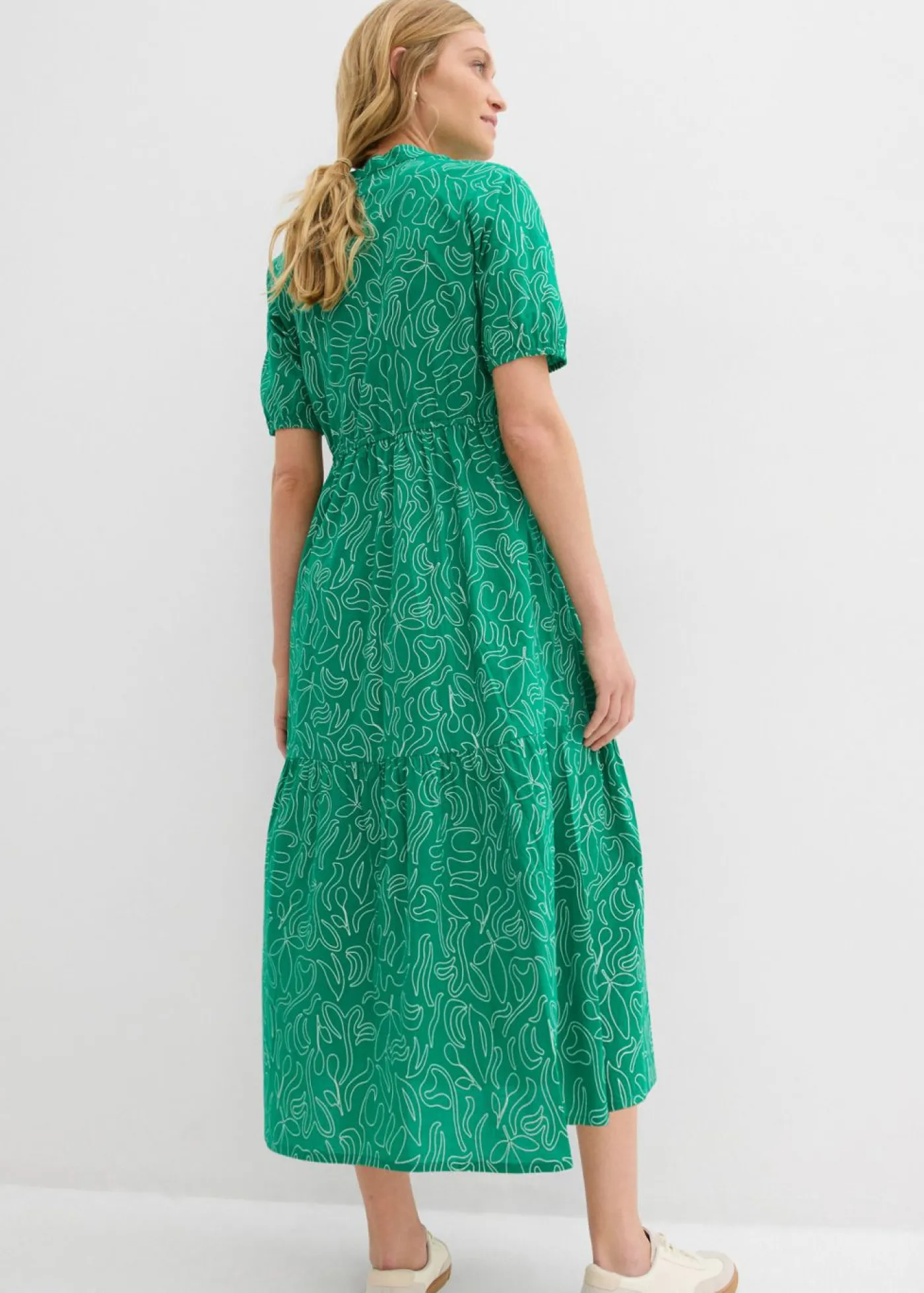 bonprix bonprix Vestidos>Vestido midi ancho de algodón puro Verde menta-blanco lana estampado
