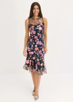 bonprix bonprix Vestidos|Ropa Elegante>Vestido midi con bordado floral azul marino con flores