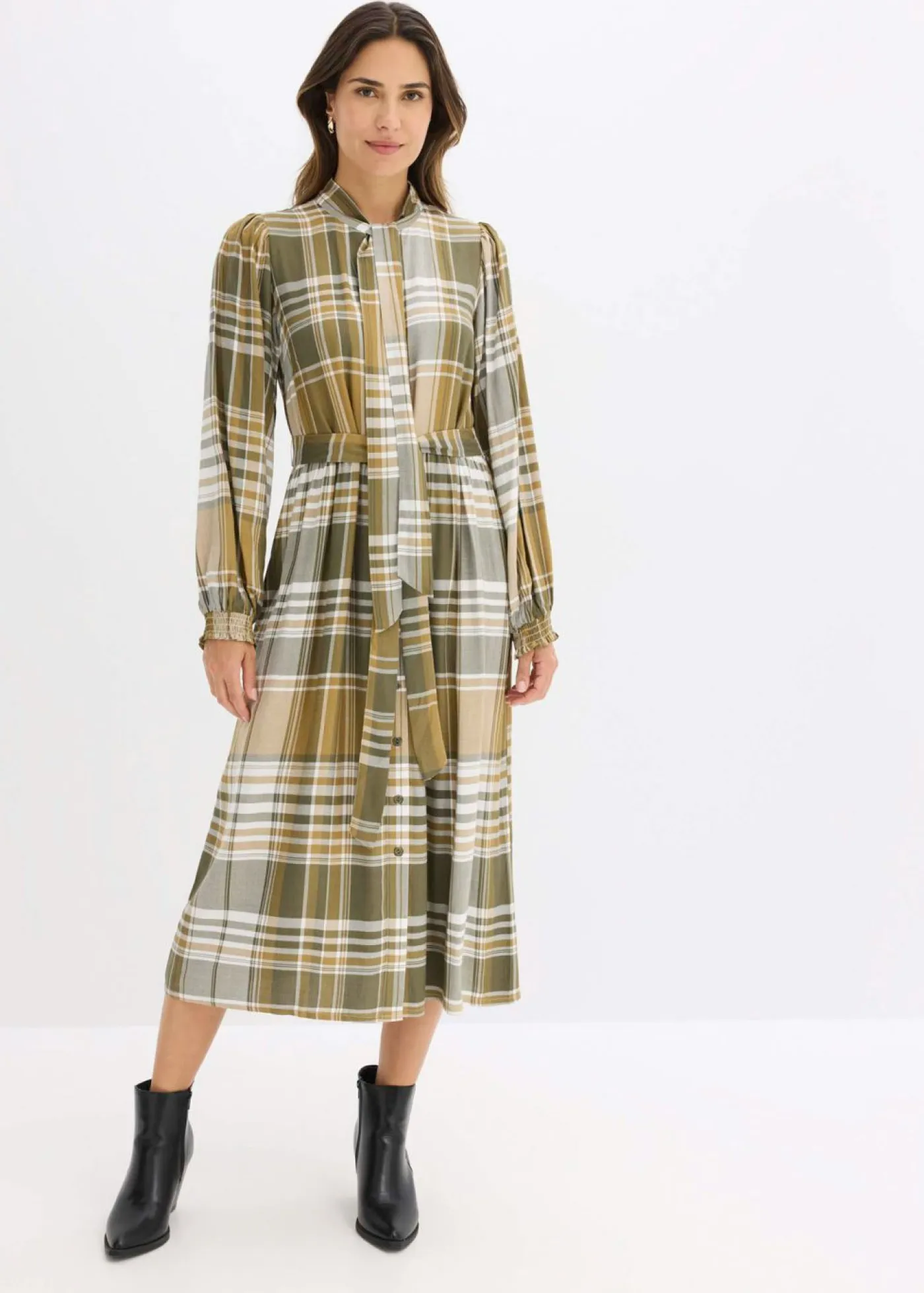 bonprix bonprix Vestidos>Vestido midi con lazo verde oliva mate-verde oliva oscuro-blanco lana a cuadros