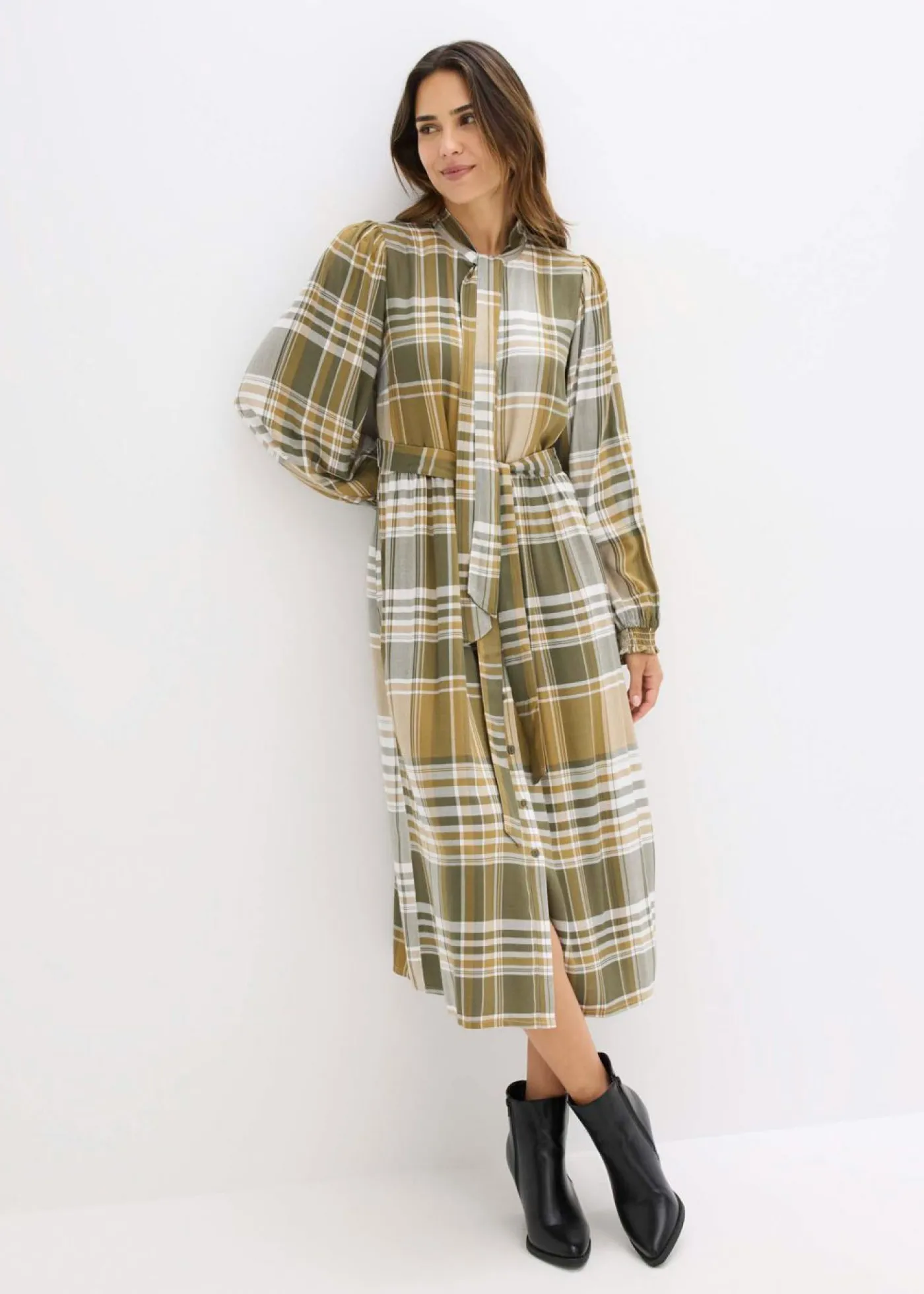 bonprix bonprix Vestidos>Vestido midi con lazo verde oliva mate-verde oliva oscuro-blanco lana a cuadros