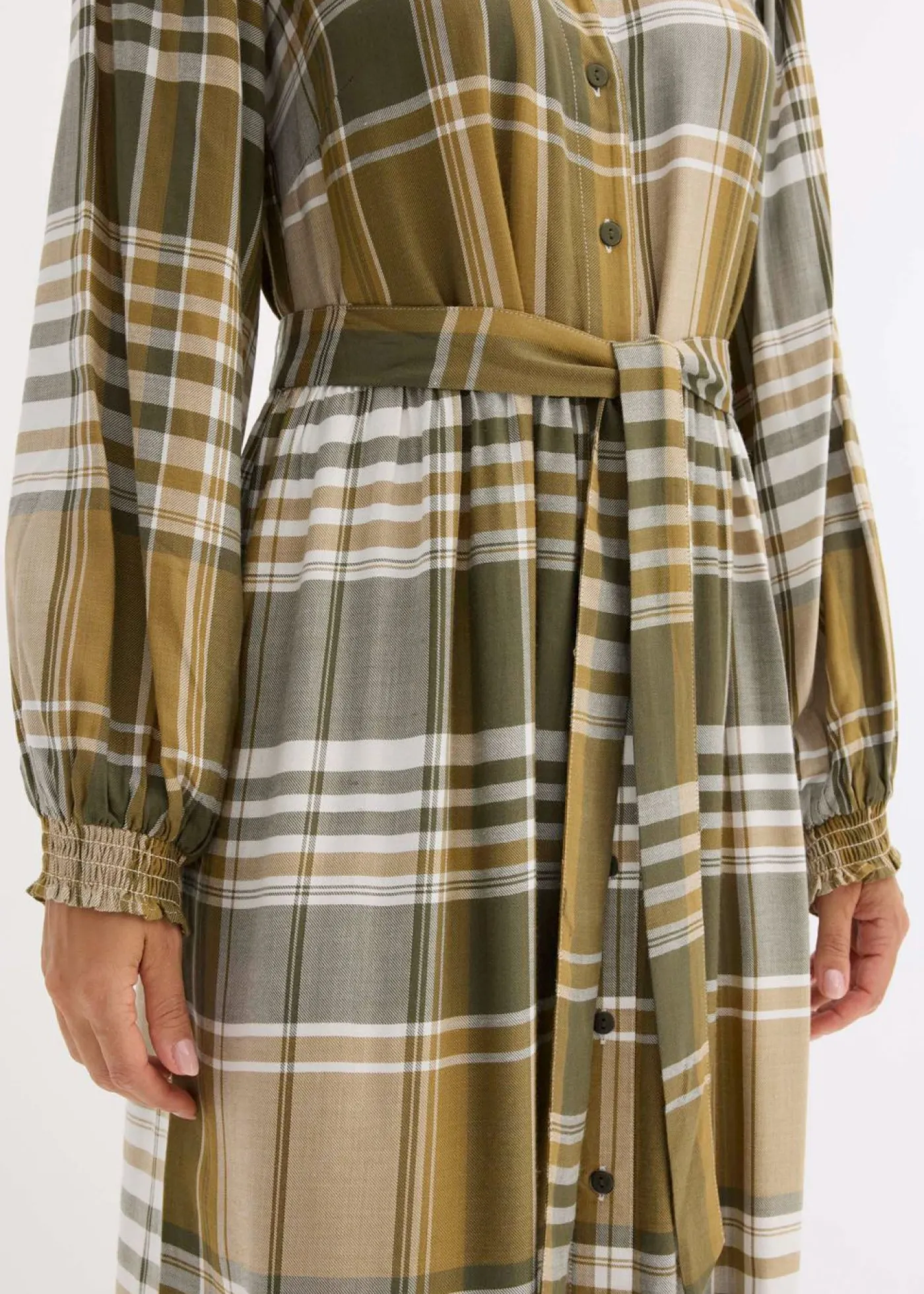 bonprix bonprix Vestidos>Vestido midi con lazo verde oliva mate-verde oliva oscuro-blanco lana a cuadros