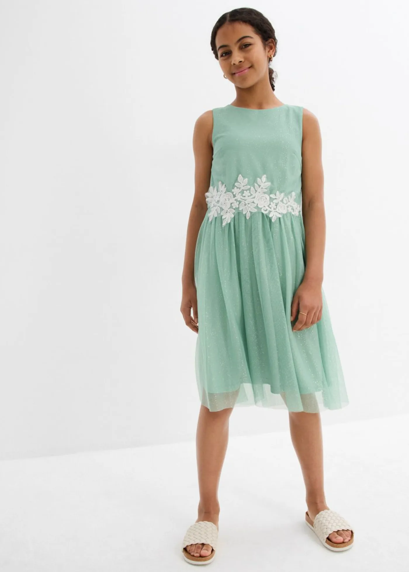 bonprix bonprix Ropa 9 A 16 Años·Vestidos Y Monos>Vestido midi con ribete de encaje Verde pastel