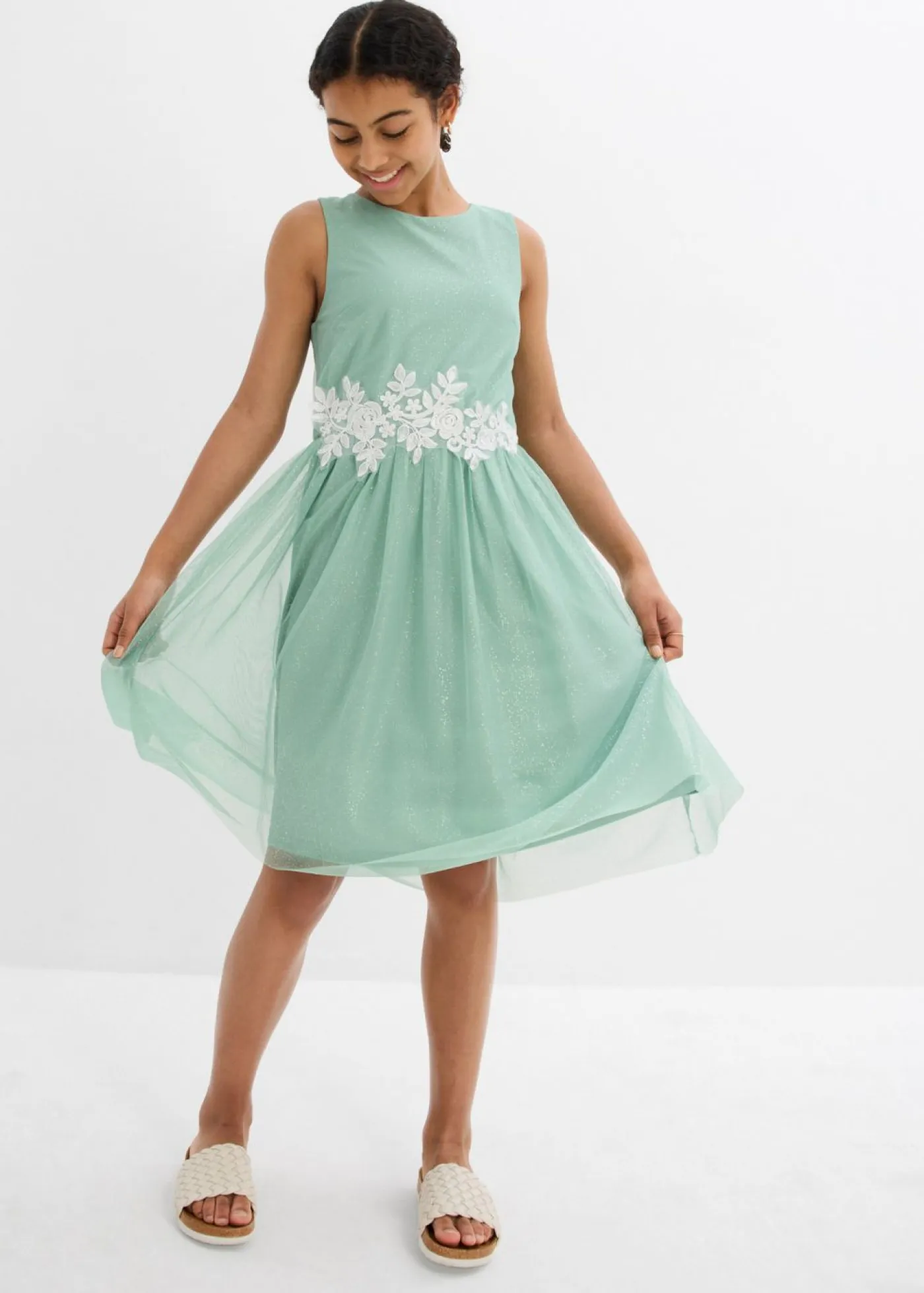 bonprix bonprix Ropa 9 A 16 Años·Vestidos Y Monos>Vestido midi con ribete de encaje Verde pastel