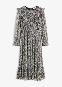 bonprix bonprix Vestidos>Vestido midi con volantes Negro-blanco de flores