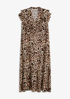 bonprix bonprix Vestidos>Vestido midi de crepé estructurado con volantes estampado leo beige/negro