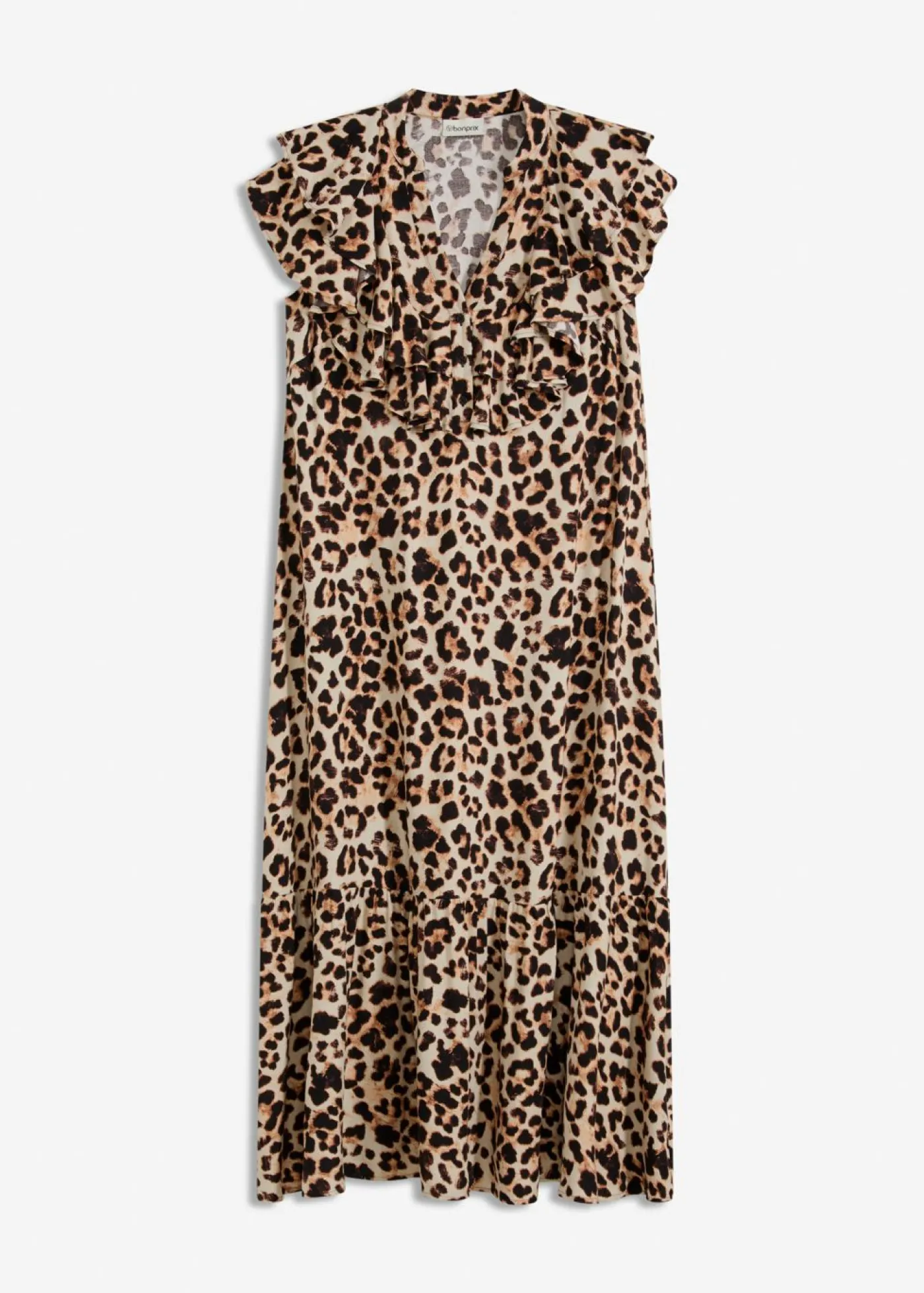 bonprix bonprix Vestidos>Vestido midi de crepé estructurado con volantes estampado leo beige/negro