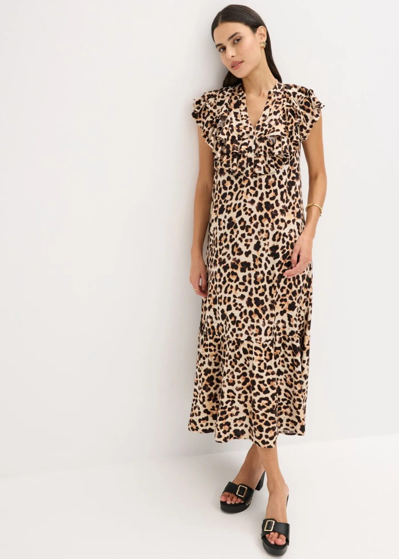 bonprix bonprix Vestidos>Vestido midi de crepé estructurado con volantes estampado leo beige/negro