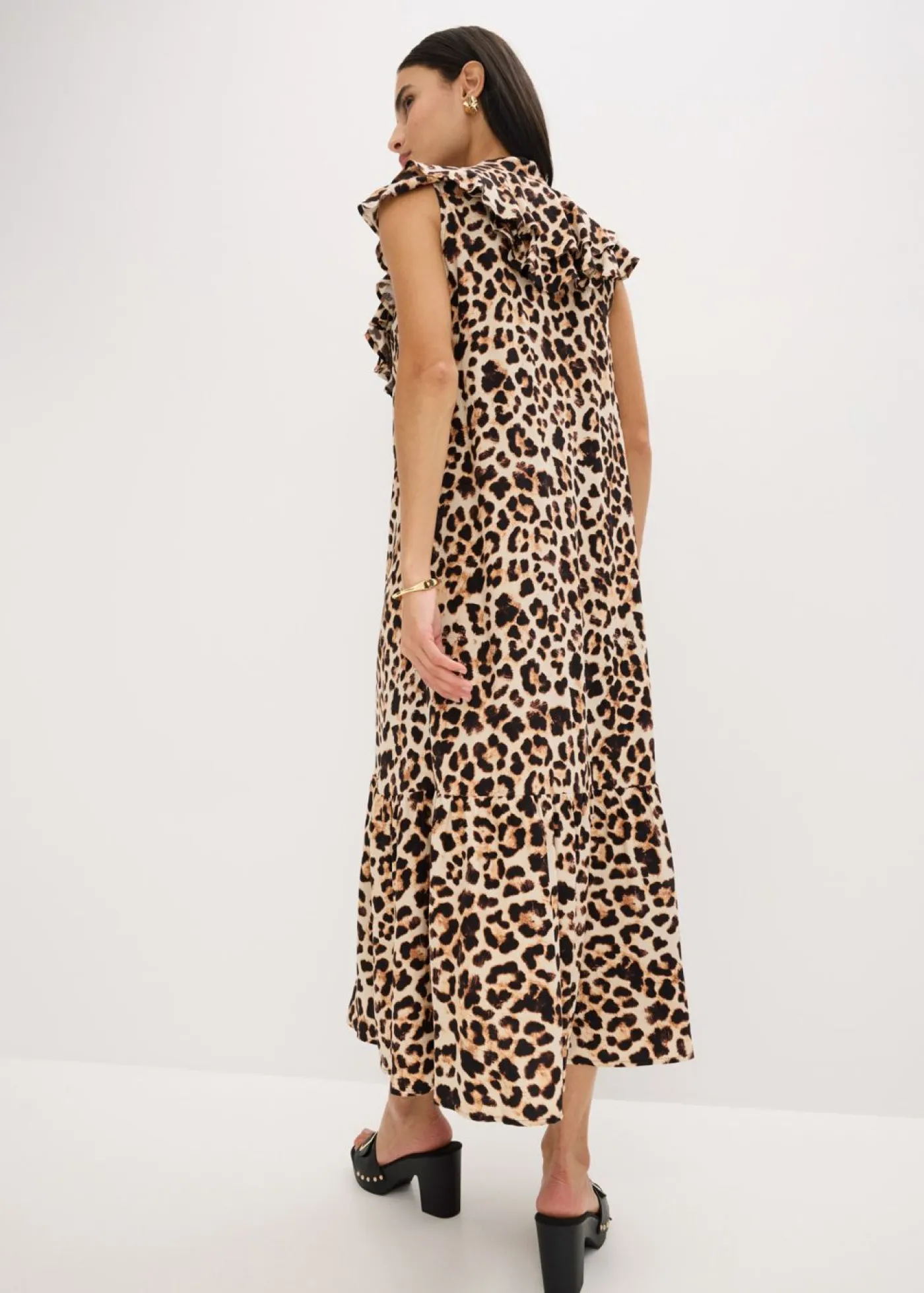 bonprix bonprix Vestidos>Vestido midi de crepé estructurado con volantes estampado leo beige/negro