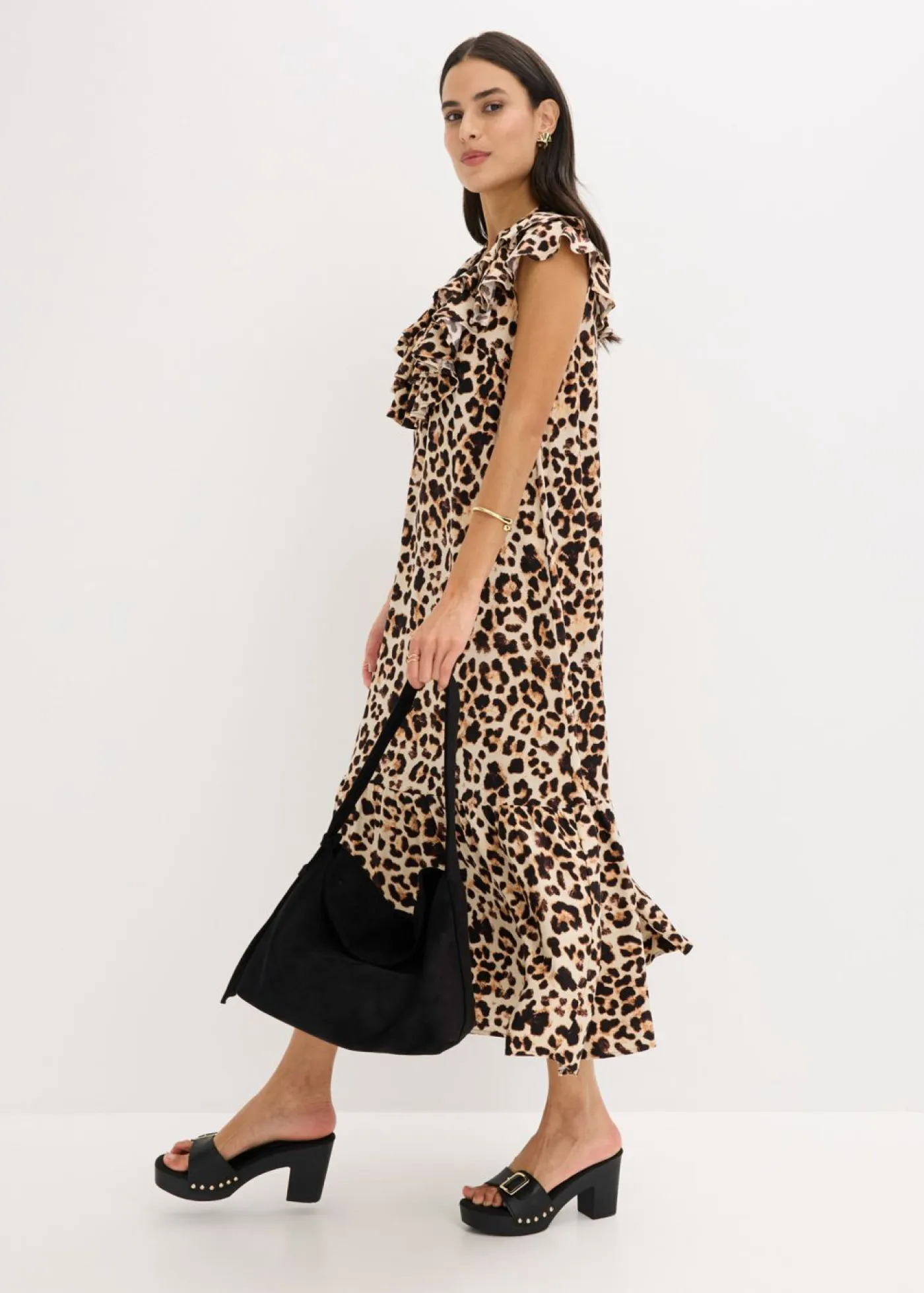 bonprix bonprix Vestidos>Vestido midi de crepé estructurado con volantes estampado leo beige/negro