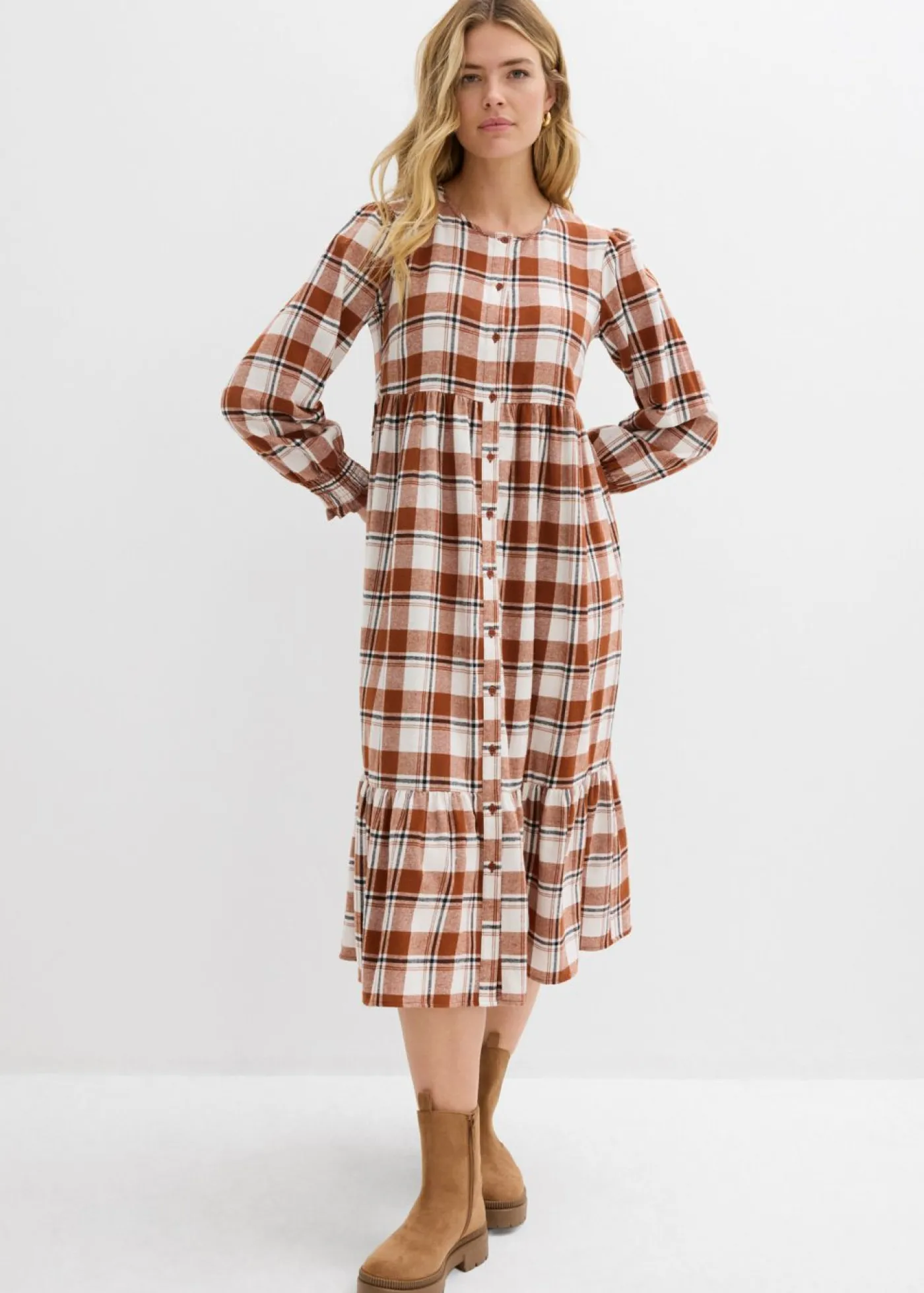 bonprix bonprix Vestidos>Vestido midi de franela marrón ladrillo a cuadros