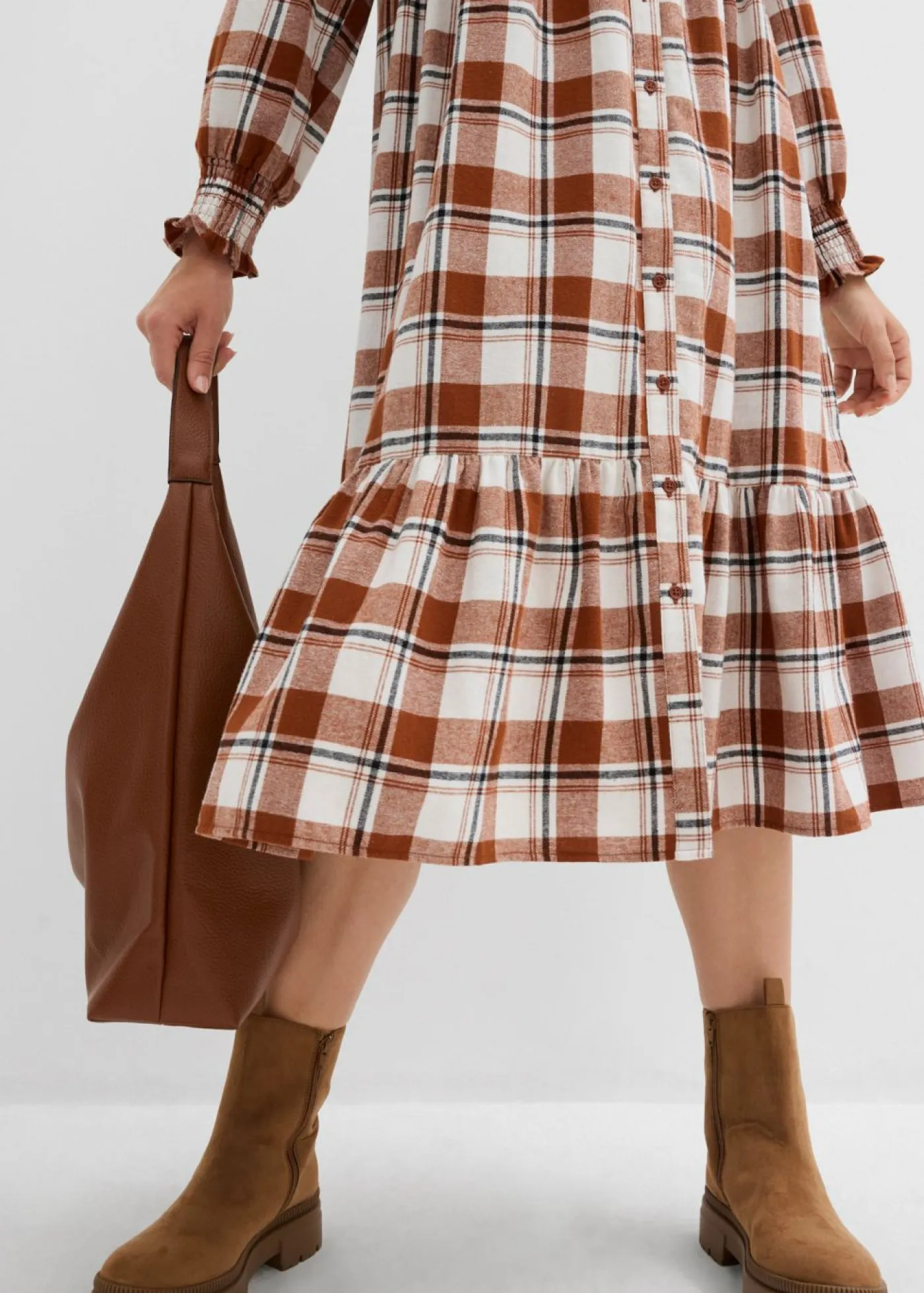 bonprix bonprix Vestidos>Vestido midi de franela marrón ladrillo a cuadros