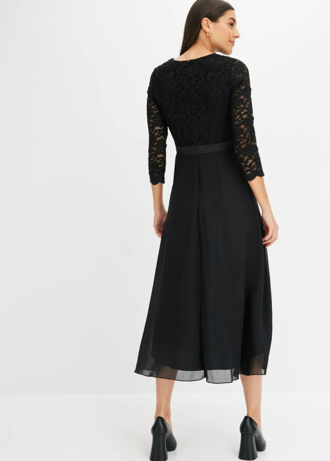 bonprix bonprix Tallas Pequeñas|Ropa Elegante>Vestido midi de gasa fina con parte superior de encaje Negro