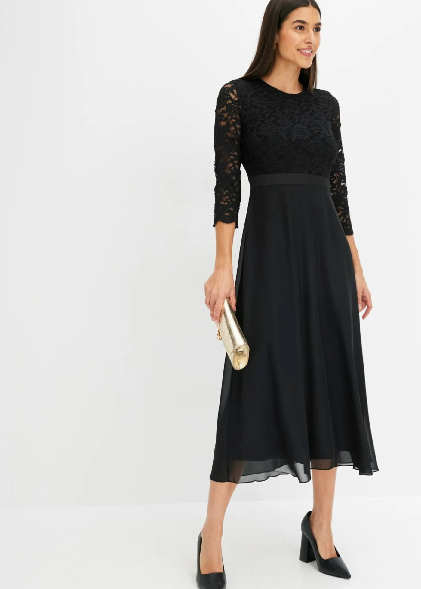 bonprix bonprix Tallas Pequeñas|Ropa Elegante>Vestido midi de gasa fina con parte superior de encaje Negro