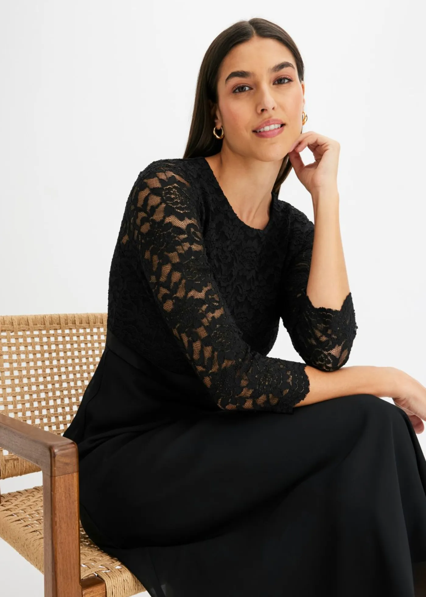 bonprix bonprix Tallas Pequeñas|Ropa Elegante>Vestido midi de gasa fina con parte superior de encaje Negro