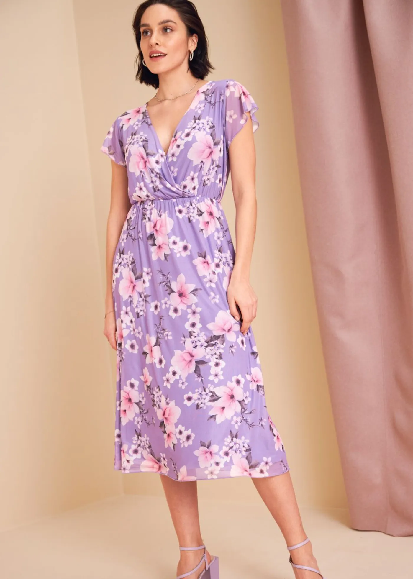 bonprix bonprix Vestidos>Vestido midi de malla estampado púrpura con flores