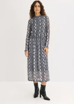 bonprix bonprix Vestidos>Vestido midi de malla suave Negro-blanco con estampado de serpiente