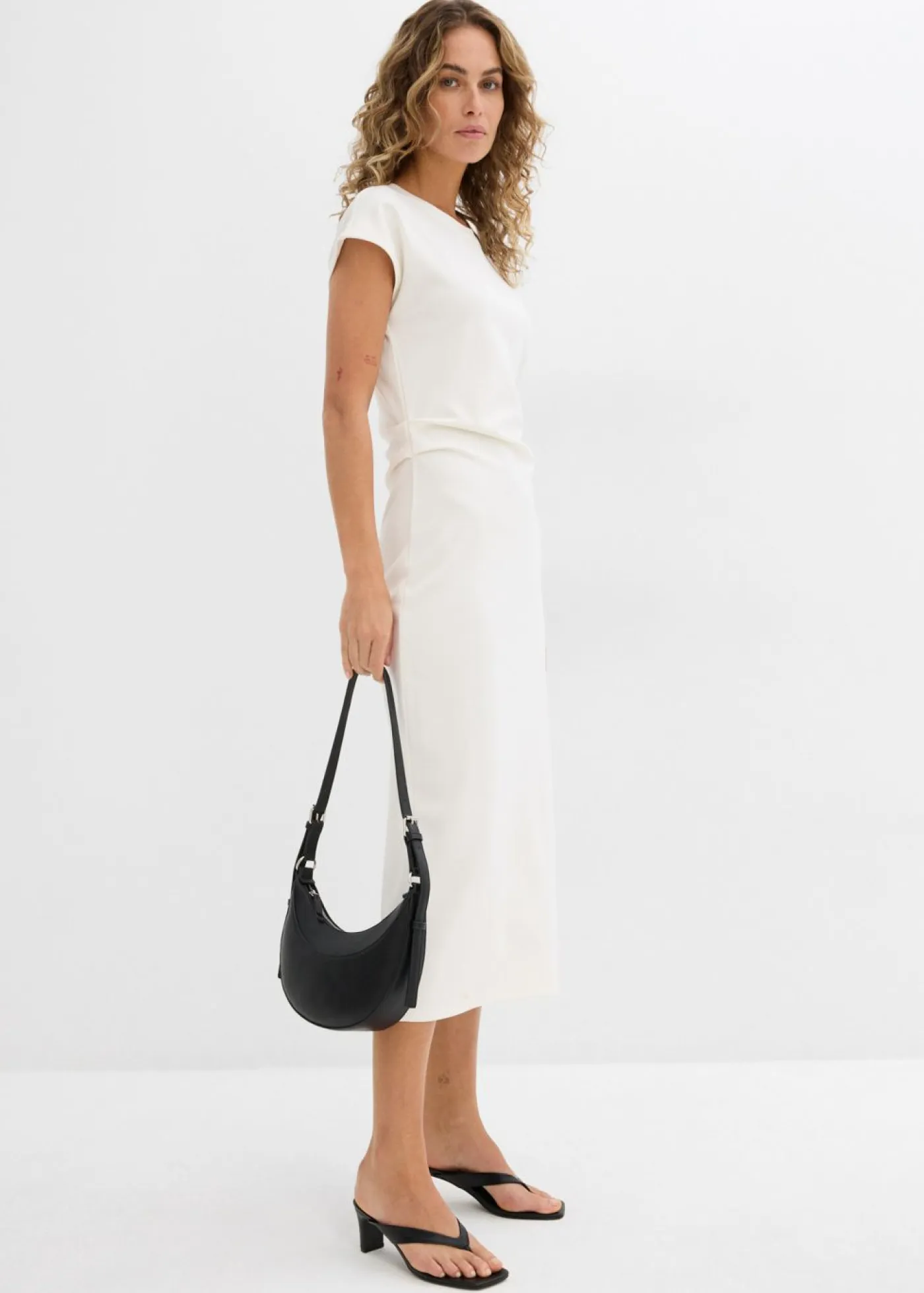 bonprix bonprix Esenciales|Vestidos>Vestido midi de mezcla de viscosa suave Blanco lana