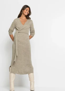 bonprix bonprix Vestidos|Ropa De Punto>Vestido midi de punto Beige jaspeado