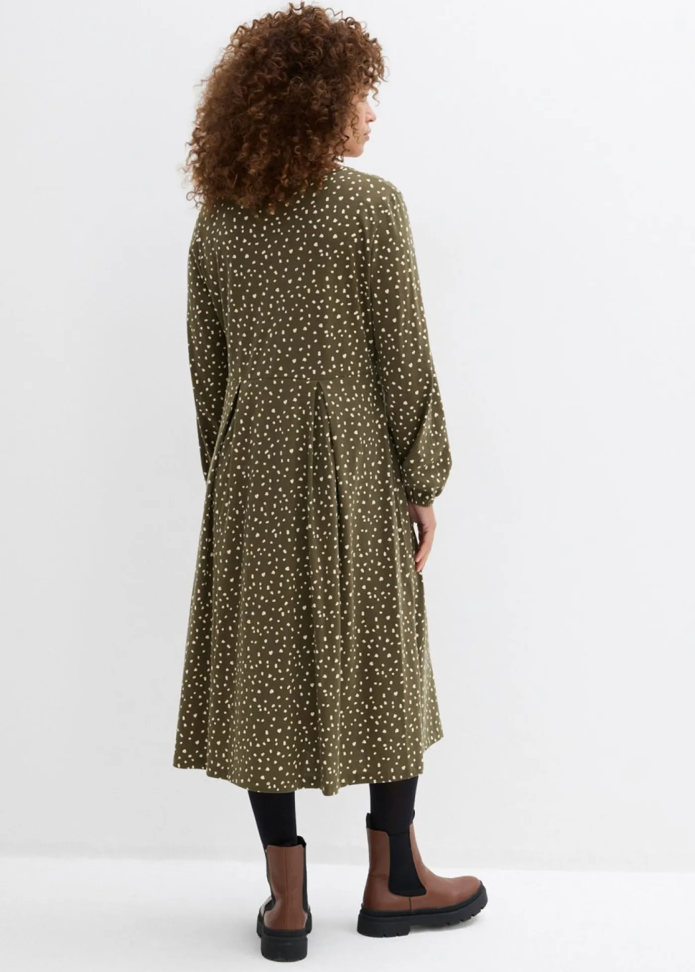 bonprix bonprix Vestidos>Vestido midi de punto de algodón Verde oliva oscuro/arena claro de lunares