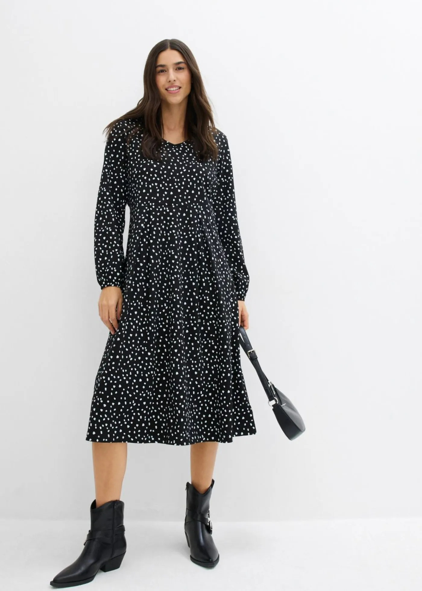 bonprix bonprix Vestidos>Vestido midi de punto de algodón negro-blanco lana topos