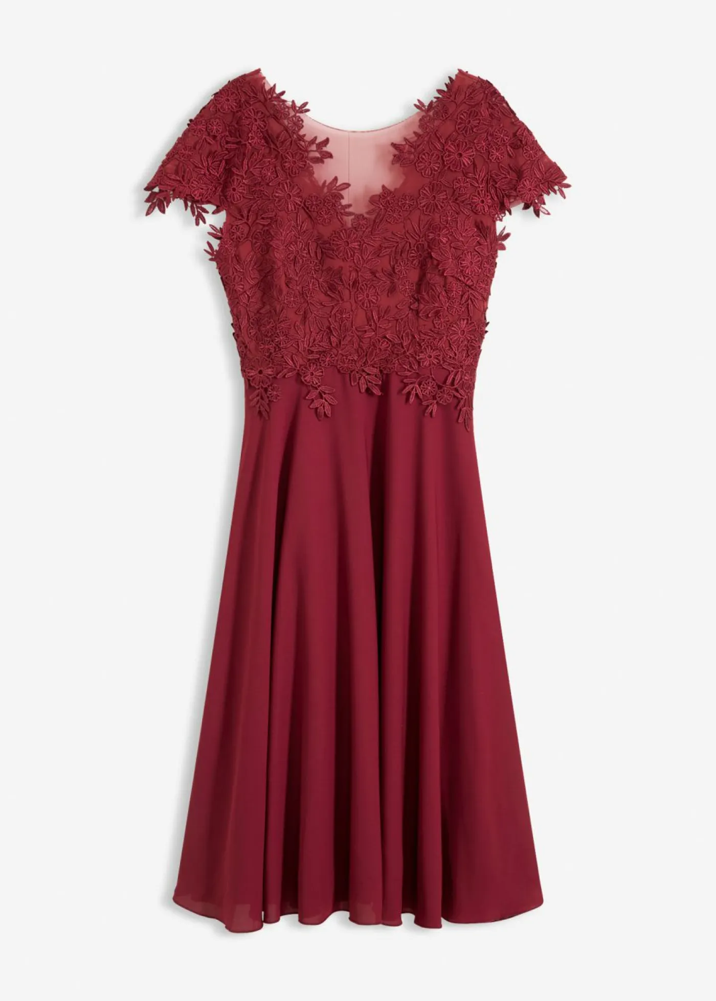 bonprix bonprix Vestidos|Ropa Elegante>Vestido midi de tul delicado con encaje Rojo rubí