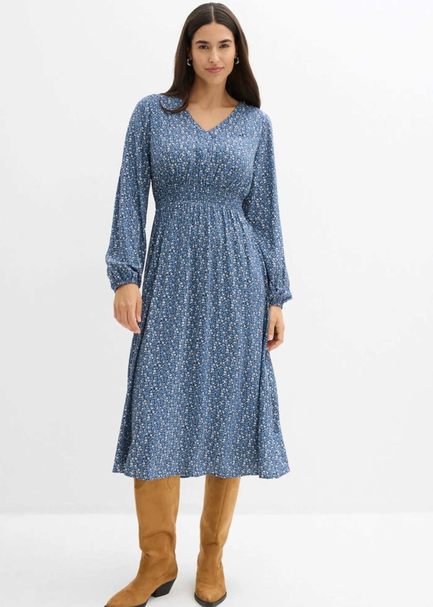 bonprix bonprix Vestidos>Vestido midi de viscosa fluida azul marino-azul cristal-blanco lana-gris plata-musgo mate