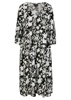 bonprix bonprix Vestidos>Vestido midi de viscosa fluida Negro-blanco