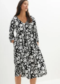 bonprix bonprix Vestidos>Vestido midi de viscosa fluida Negro-blanco