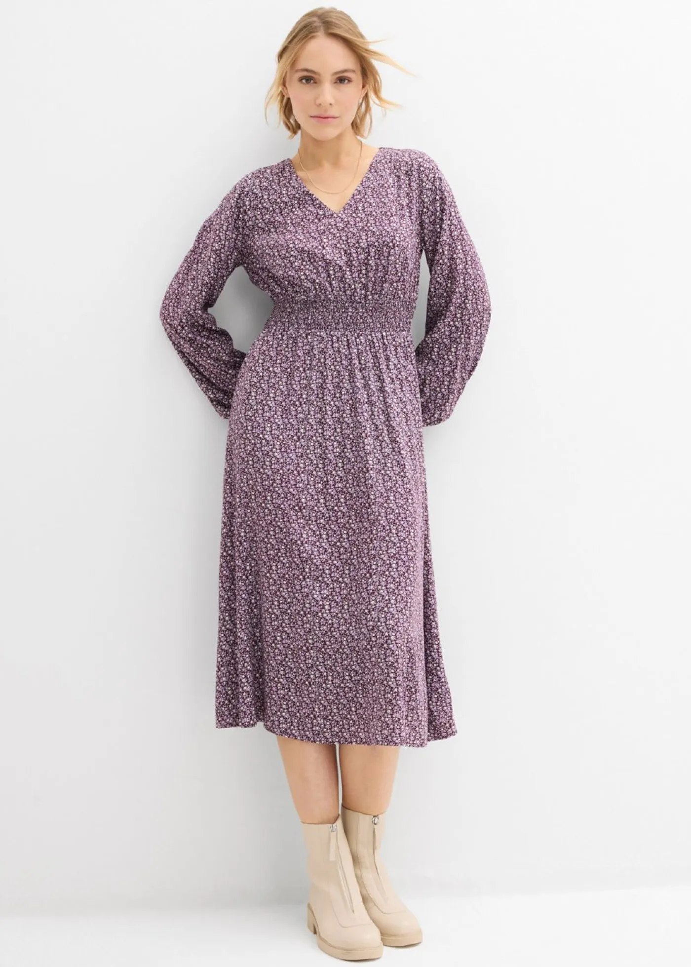 bonprix bonprix Vestidos>Vestido midi de viscosa fluida rojo burdeos-blanco lana-gris plata-musgo mate