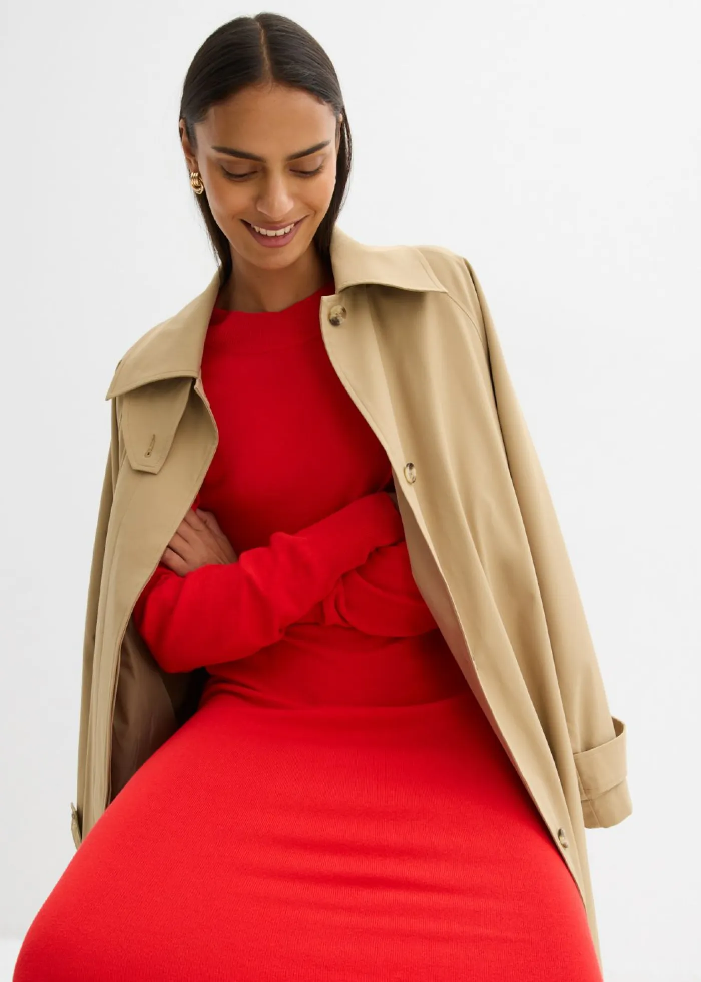 bonprix bonprix Esenciales|Vestidos>Vestido midi holgado de mezcla de viscosa fresa