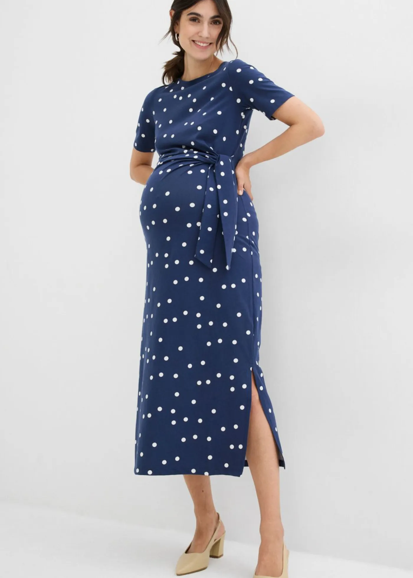 bonprix bonprix Premamá>Vestido midi premamá de punto de algodón orgánico azul marino-blanco lana topos