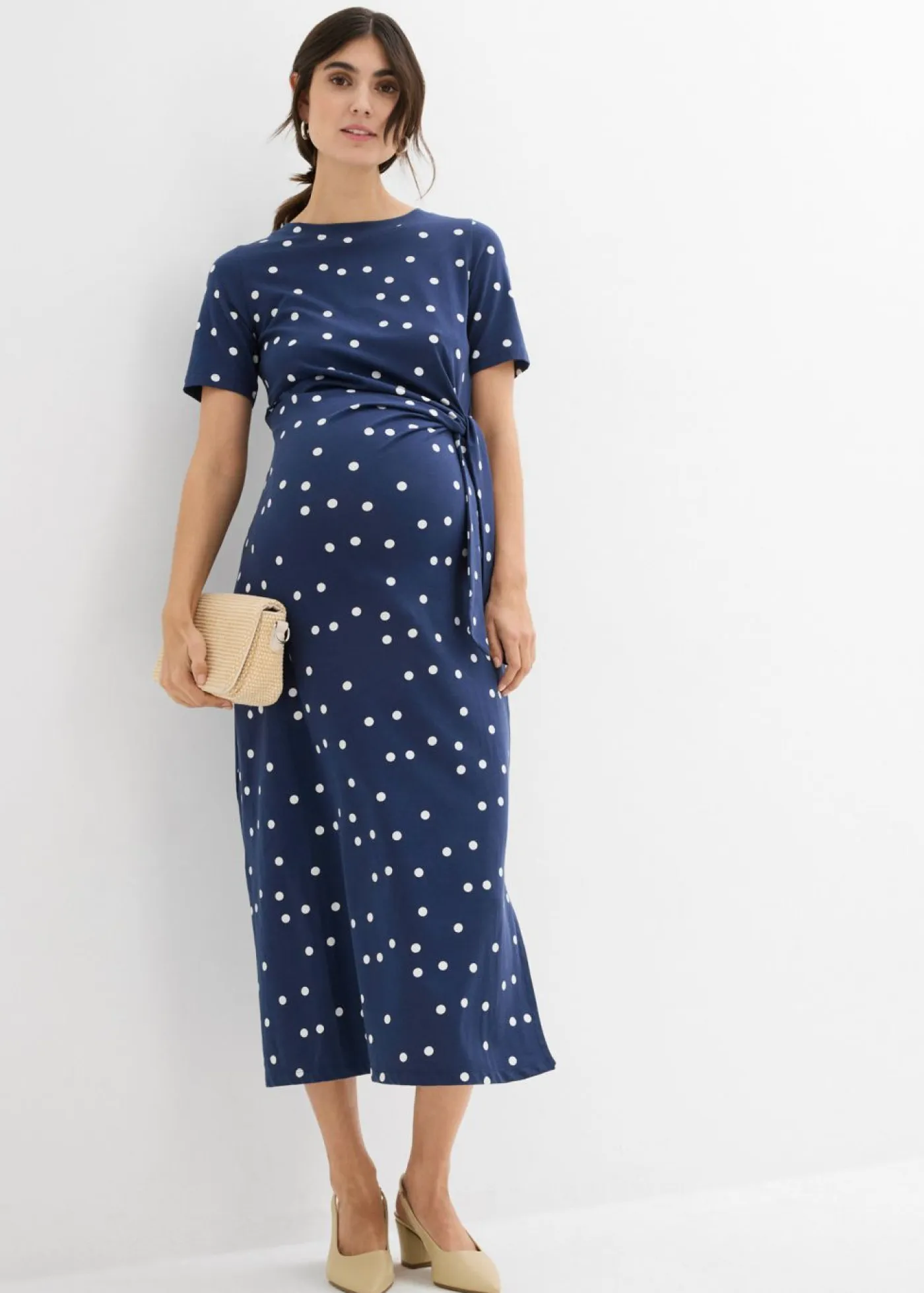 bonprix bonprix Premamá>Vestido midi premamá de punto de algodón orgánico azul marino-blanco lana topos