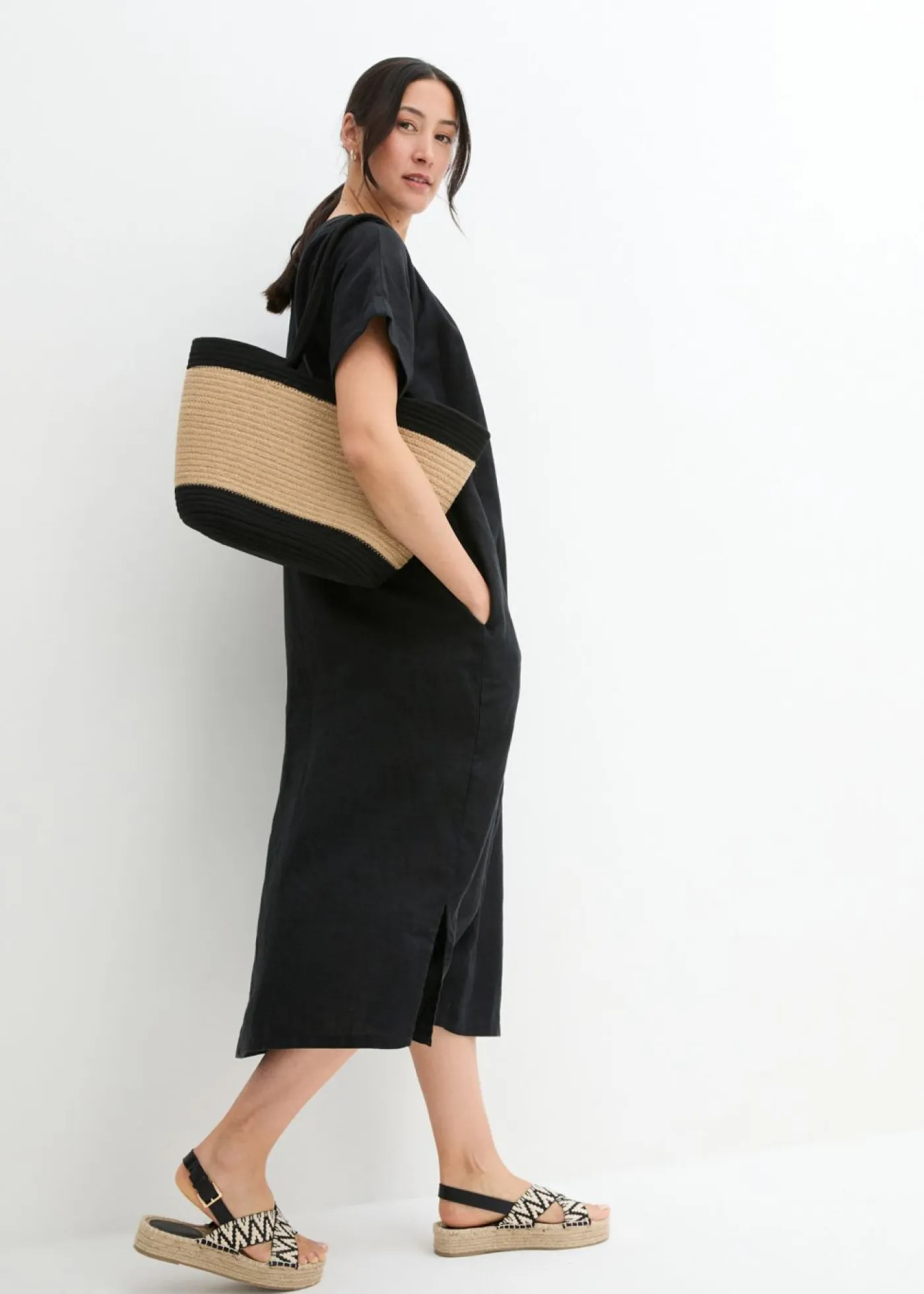 bonprix bonprix Premium|Vestidos>Vestido tipo caftán de lino puro Negro