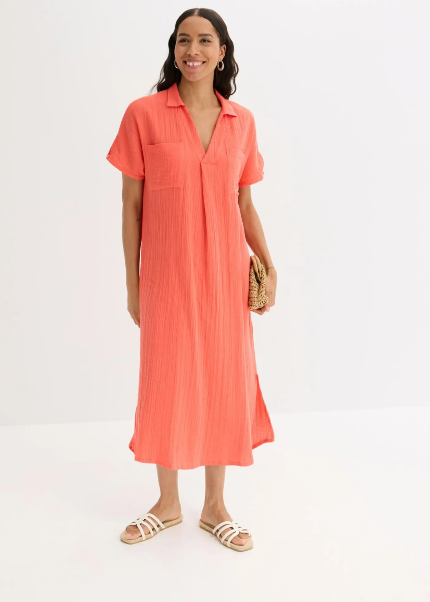 bonprix bonprix Vestidos>Vestido tipo caftán de muselina suave Salmón claro