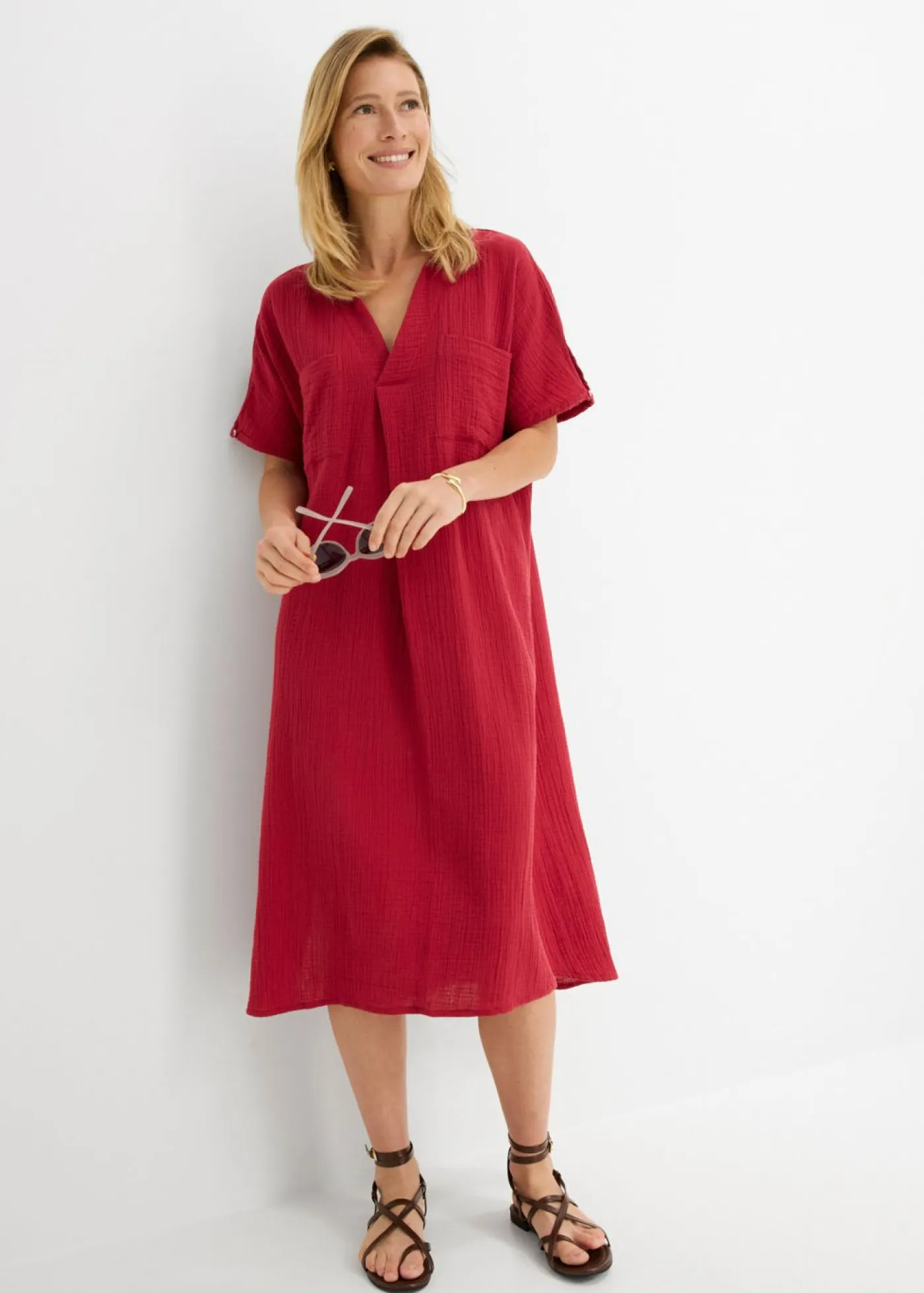 bonprix bonprix Vestidos>Vestido tipo caftán de muselina suave Cereza