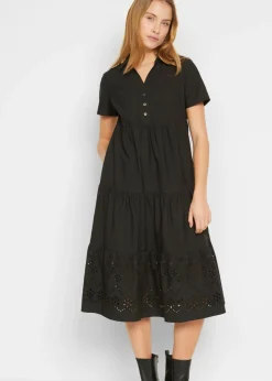 bonprix bonprix Vestidos>Vestido tipo túnica de algodón puro con bordado calado Negro