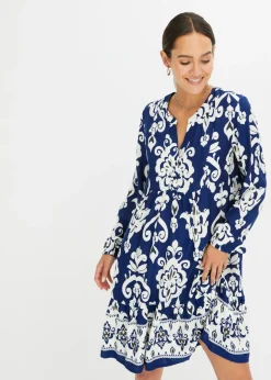bonprix bonprix Vestidos>Vestido tipo túnica de viscosa fluida Azul oxford/blanco lana