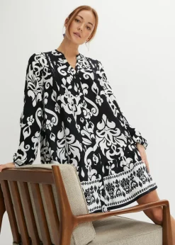 bonprix bonprix Vestidos>Vestido tipo túnica de viscosa fluida Negro-blanco con estampado gráfico