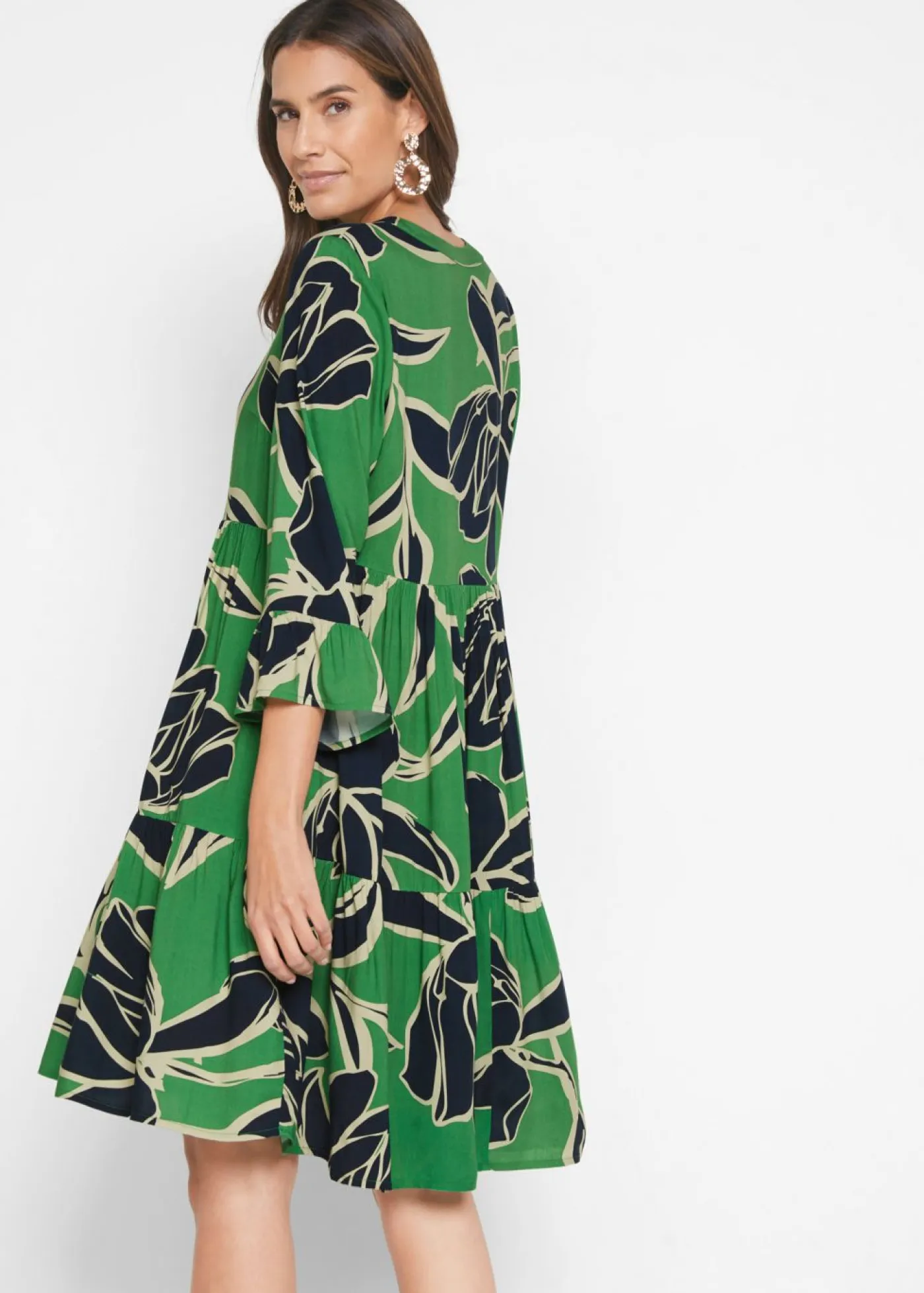 bonprix bonprix Vestidos|Novedades>Vestido tipo túnica de viscosa fluida Verde ópalo/azul marino de flores