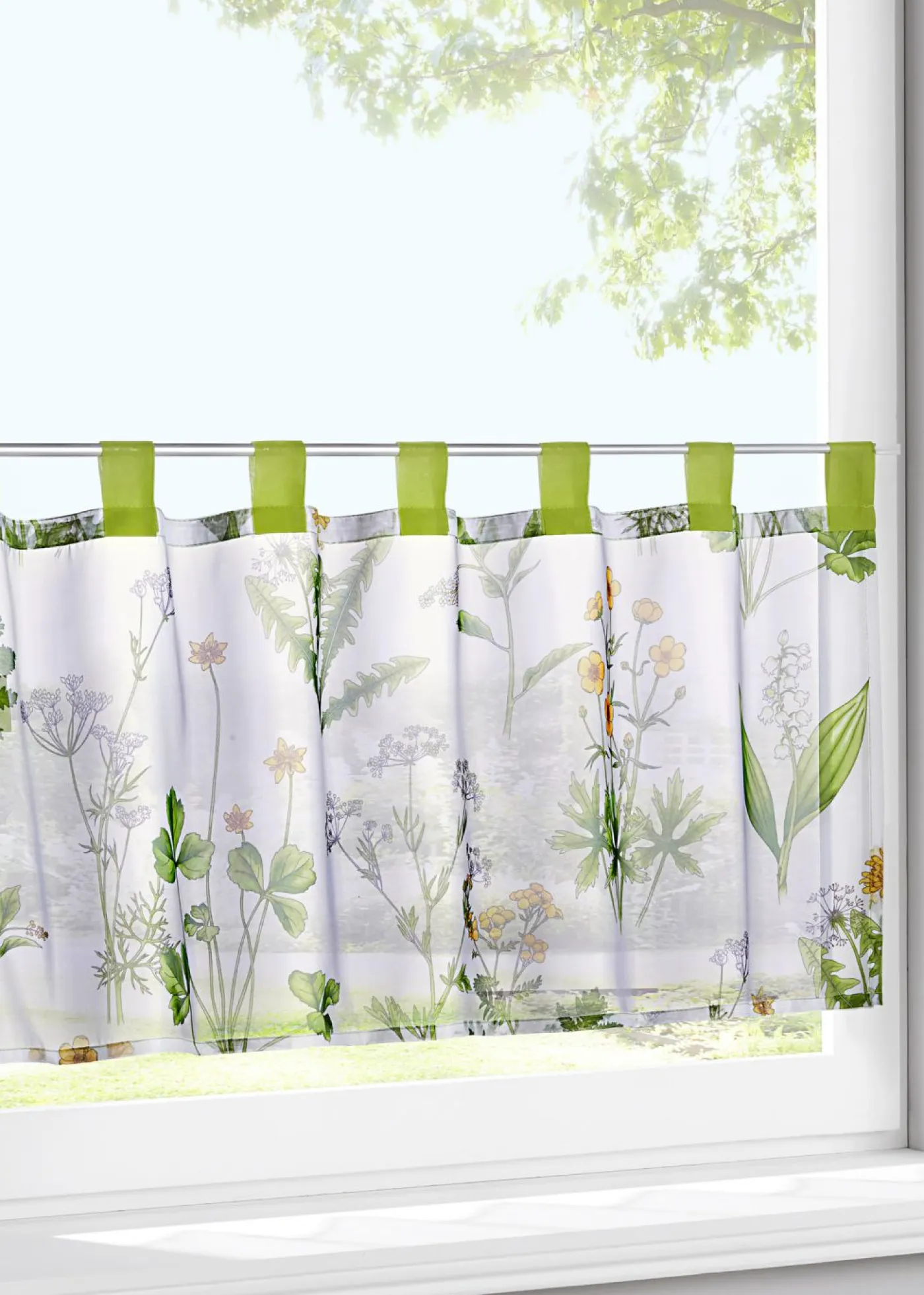 bonprix bonprix Primavera|Cortinas Baratas>Visillo con estampado de plantas y poliéster reciclado Blanco-verde